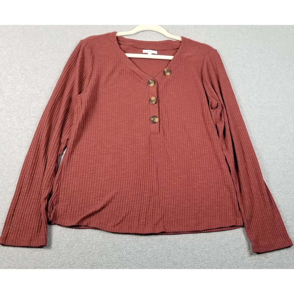 Maurices Top Women's Large L Rusty Red Long Sleeves See‎ Through Rib Knit V Neck